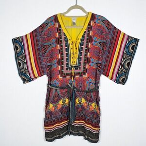 Cache Silk Blend Kaftan Dress Medium Bohemian Paisley Lace Up Tie Belt Artsy 90s